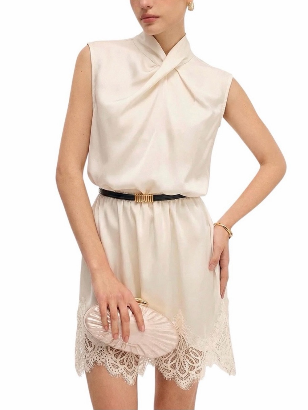 Commense Cream Satin Lace Trim Mini Dress with Belt XS NWT Ivory